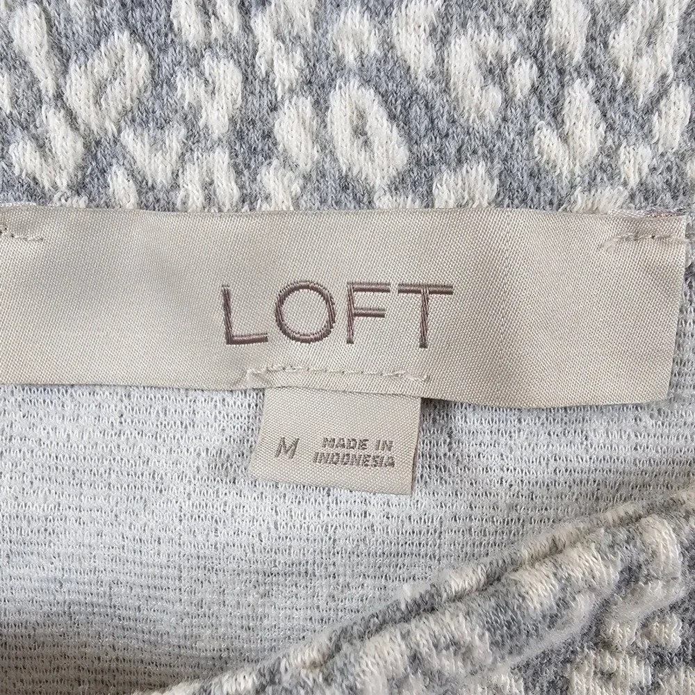LOFT Grey White Textured‎ Knit Puff Sleeve Square Neck Top Womens Medium